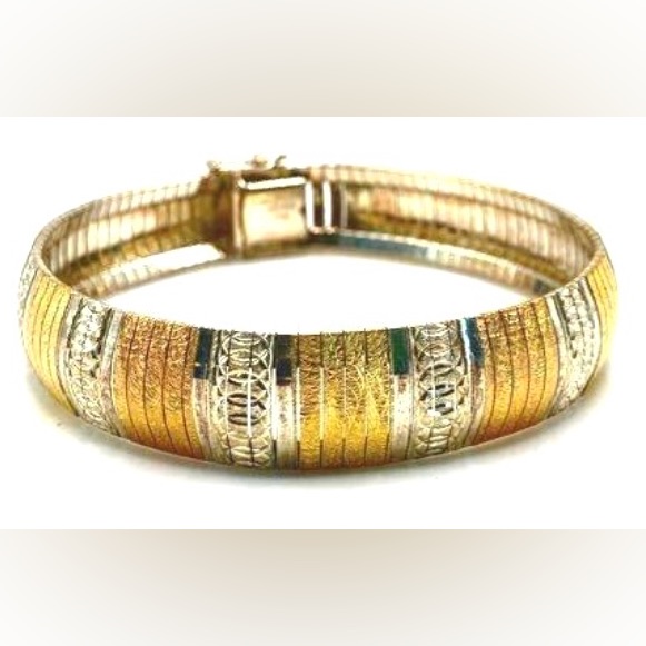 Vintage Italian Sterling Silver & Gold Plate Etched Bracelet W Gift Box